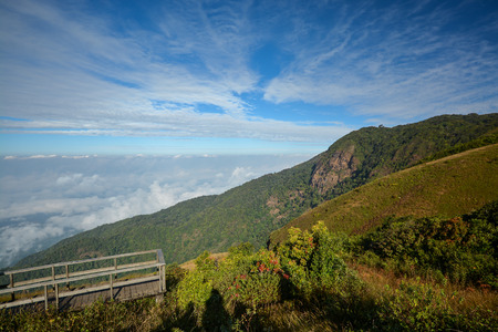 scenic mountain landscape , mist and blue sky in winter of Chiang mai , Thailandの写真素材