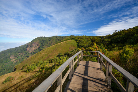 The wooden bridge on mountain landscape in Chiang mai , Thailandの写真素材