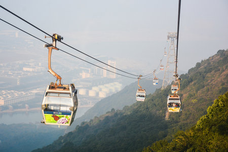 HONG KONG, CHINA - JANUARY 25: Cable cars of Ngong Ping on Lantau island of Hong Kong on January 25, 2015. Lantau is the largest island in Hong Kong, located at the mouth of the Pearl River.のeditorial素材