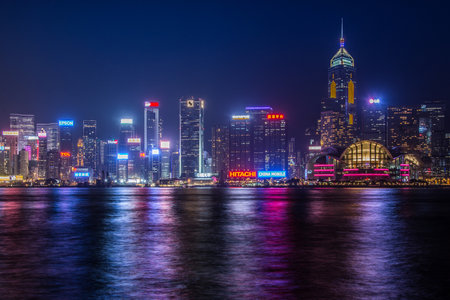 HONG KONG -JANUARY 22: Scene of Hong Kong skyline over the Victoria Harbour atnight on January 22, 2015 in Hong Kong. Victoria Harbour is the famous attraction place for tourist to visit.のeditorial素材