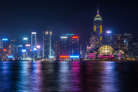 HONG KONG -JANUARY 22: Scene of Hong Kong skyline over the Victoria Harbour atnight on January 22, 2015 in Hong Kong. Victoria Harbour is the famous attraction place for tourist to visit.のeditorial素材