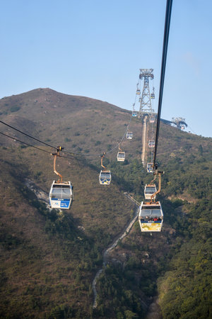 HONG KONG, CHINA - JANUARY 25: Cable cars of Ngong Ping on Lantau island of Hong Kong on January 25, 2015. Lantau is the largest island in Hong Kong, located at the mouth of the Pearl River.のeditorial素材
