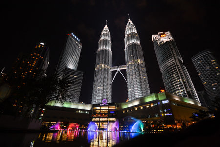 KUALA LUMPUR, MALAYSIA - MAY 24: Petronas Twin Towers at night on May 24, 2014 in Kuala Lumpur. Petronas Twin Towers were the tallest buildings (452 m) in the world from 1998 to 2004のeditorial素材