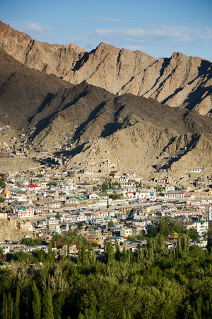 View of Leh city the capital of Ladakh Northern India. Leh city is located in the Indian Himalayas at an altitude of 3500 meters.の写真素材