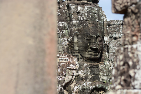 Faces of ancient Bayon Temple At Angkor Wat, Siem Reap, Cambodiaの写真素材