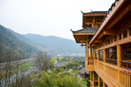 Chinese building over the garden in Wulingyuan Hunan Chinaの写真素材