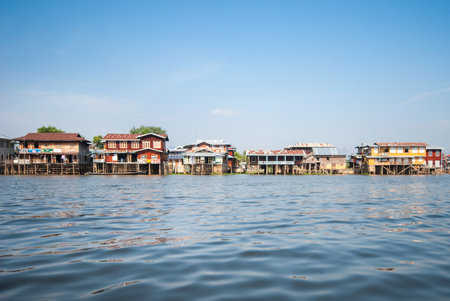 INLE LAKE MYANMAR  APRIL 10: Floating houses in a village on APRIL 10 2012 in Inle Lake Myanmar. Inle lake is a famous lake for tourism in Myanmar.のeditorial素材
