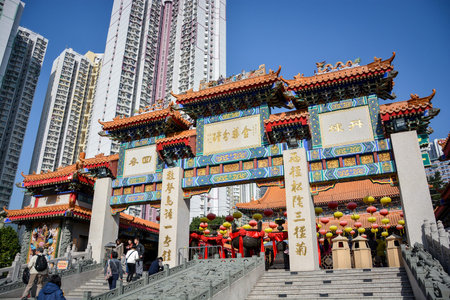HONG KONG CHINA  JAN 23 : Wong Tai Sin temple on January 23 2015 in Hong kong. Wong Tai Sin is a Chinese temple popular with the power of healing. Many tourists visit this place every day.のeditorial素材