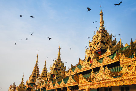 Roof of building in front of Shwedagon Pagoda famous attraction in Myanmar Burma. This detail is Burmese architecture style.のeditorial素材