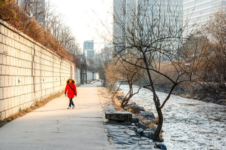 SEOUL, SOUTH KOREA - OCTOBER 3, 2014 : People at Cheonggyecheon stream in winter. The stream is a modern public recreation space in downtown Seoul, South Korea.のeditorial素材