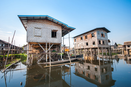 Floating houses in a village in Inle Lake, Myanmarの写真素材