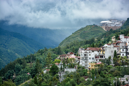 Cityscape of Sapa Village and green mountain view, North of Vietnamの写真素材