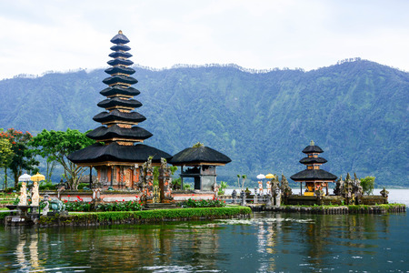 Pura Ulun Danu Bratan, Hindu temple on Bratan lake landscape, one of famous tourist attraction in Bali, Indonesiaの写真素材