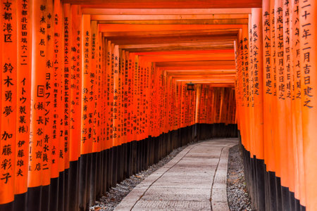 KYOTO, JAPAN - NOVEMBER 18, 2015 : Red Torii gates in Fushimi Inari shrine, one of famous landmarks in Kyoto, Japanのeditorial素材