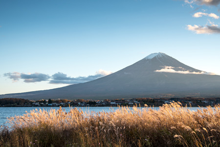 Beautiful view of Mount Fuji and field at Lake Kawaguchi in autumn, This mountain is an famous place of Japanの写真素材