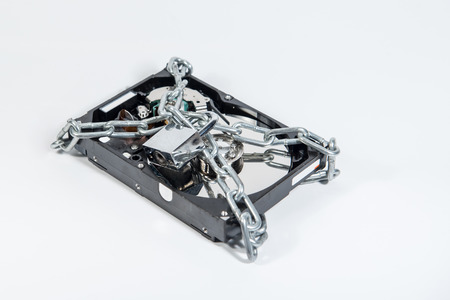 Hard disk file locked isolated on white background. Ransomware cyber attack concept for internet security articleの写真素材