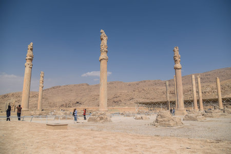 Ruins column of Persepolis (UNESCO World heritage sites), ancient Persian city and the ceremonial capital of the Achaemenid Empire, situated 60 km northeast of Shiraz city in Fars Province, Iranのeditorial素材