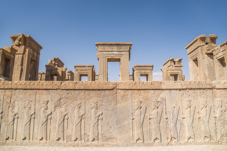 Ruins gate and mural of Persepolis (UNESCO World heritage sites), ancient Persian city and the ceremonial capital of the Achaemenid Empire, situated 60 km northeast of Shiraz in Fars Province, Iranの写真素材
