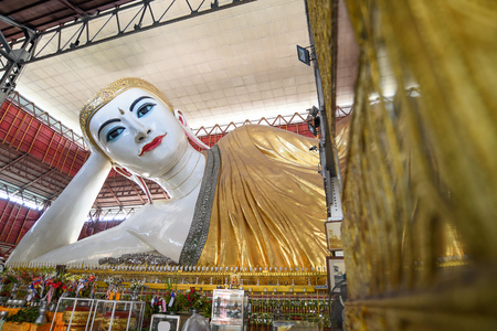 Chauk htat gyi reclining buddha images in Chaukhtatgyi buddha temple, Bahan Township of Yangon, Myanmarの写真素材