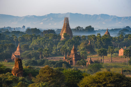 Beautiful landscape of ancient pagoda and temple in Bagan archaeological site, famous destination in...