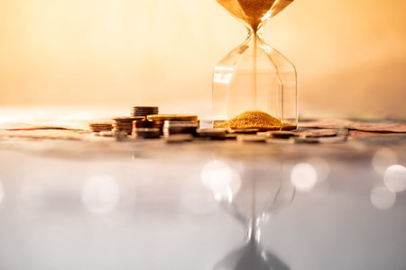 Reflection of brown sand running through the shape of modern hourglass on glowing table with...