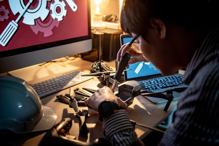 Asian technical engineer using screwdriver for repairing drone with computer and other tools on...