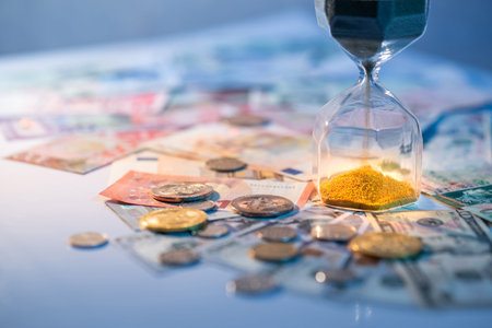 Sand running through the shape of hourglass on table with banknotes and coins of international...