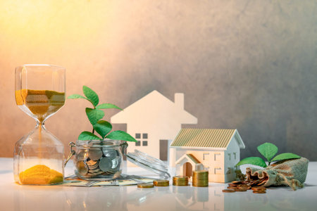 Real estate investment or property ladder. Home mortgage loan rate. Saving money concept. Plant...