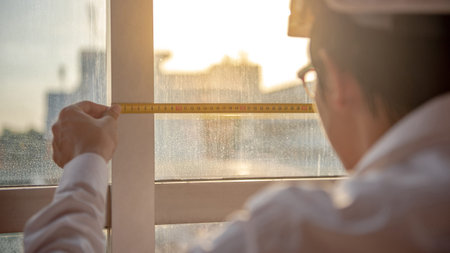 Young Asian engineer man using tape measure (measuring tape) on window frame at construction site, Length measurement tool or equipment for building construction workingの写真素材