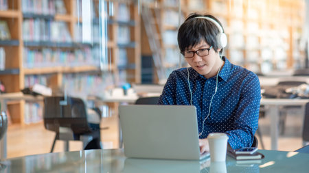 Young Asian man working with laptop computer on the desk in public library. Male student doing...