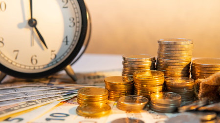 Clock with banknotes and coin stack of international currency on table. Time investment or...