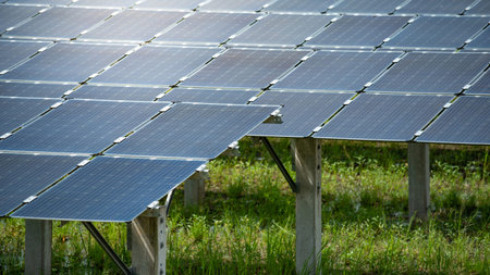 Rows array of solar panels or polycrystalline silicon solar cells in solar power plant using...