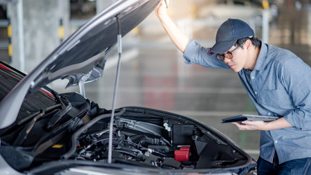 Asian auto mechanic holding digital tablet checking car engine under the hood in auto service garage. Mechanical maintenance engineer working in automotive industry. Automobile servicing and repairの写真素材