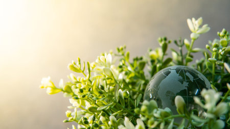 World globe crystal glass on green leaves bush. Environmental conservation. World environment day. Global business for sustainable development. Nature and ecology concept.の写真素材