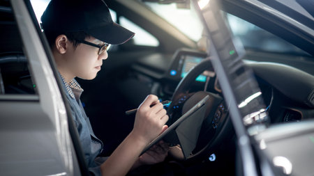 Asian auto mechanic sitting on driver seat checking the car using digital tablet in auto service...