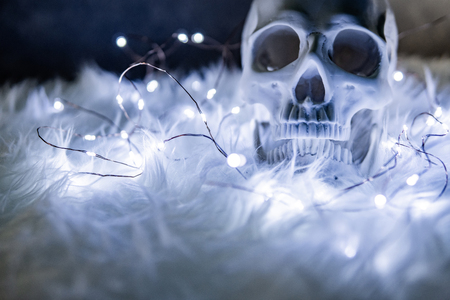 Human skull on white fur carpet with decorative Christmas lights. Studio shot for Halloween festival holiday conceptの写真素材