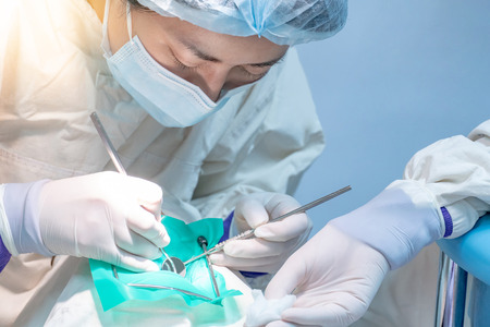Female Asian dentist using instruments for examining and curing patient teeth in dental clinic. Dental procedure and medical treatment.の写真素材