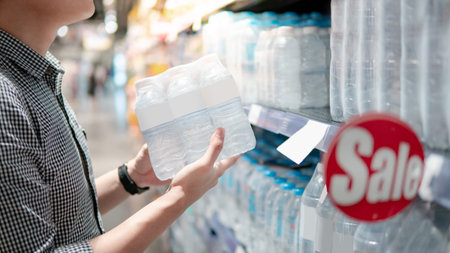 Male shopper picking pack of mineral water bottle from product shelf in supermarket. Customer...