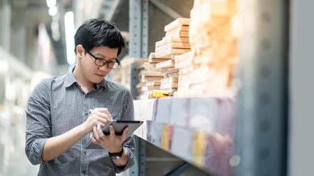 Young Asian man worker doing stocktaking of product in cardboard box on shelves in warehouse by...