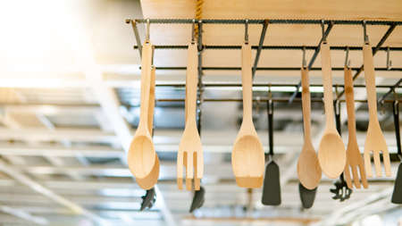 Set of wooden spatula, turner, ladle and salad servers. Kitchen tools conceptの写真素材