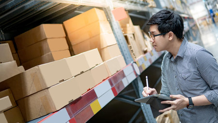 Young Asian man worker doing stocktaking of product in cardboard box on shelves in warehouse by using digital tablet and pen. Physical inventory count conceptの写真素材