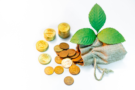 Gold coins stacked and spilling out of money bag with green plant on white table. Saving money for future concept. Business and currency backgroundの写真素材