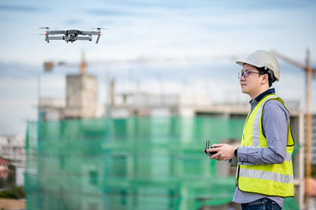 Asian engineer man flying drone over construction site. Male worker using unmanned aerial vehicle...
