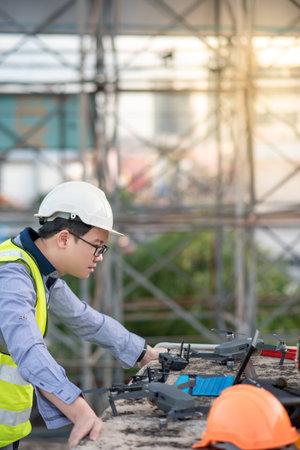Asian engineer man working with drone, laptop and working tools at construction site. Male worker...