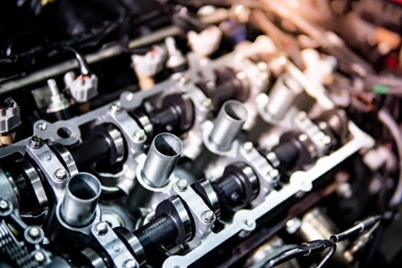 Internal design of car engine part in auto repair garage. Motor vehicle fixing and maintenance....