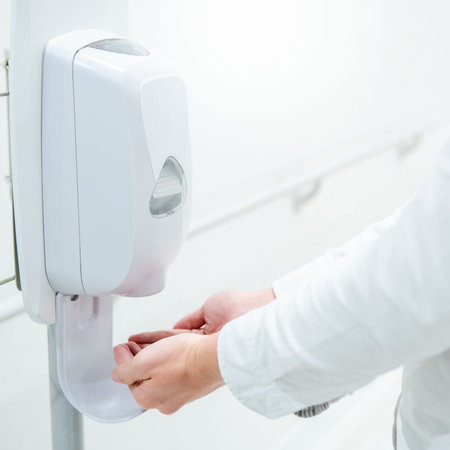 Male patient hands using automatic alcohol dispenser for cleaning hand in hospital. Infection...