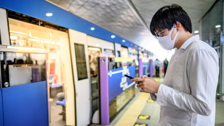 Asian man wearing surgical face mask using smartphone at skytrain station platform. coronavirus...