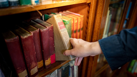 Male university student hand choosing and picking vintage book from old wooden bookshelf in college...