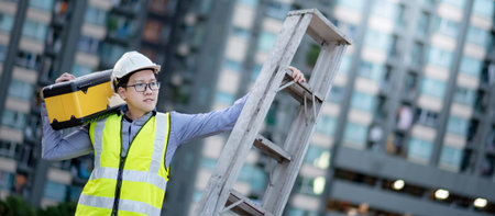 Asian maintenance worker man with safety helmet and green vest carrying aluminium step ladder and...
