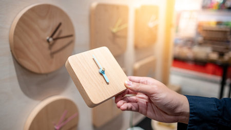 Male hand customer choosing square wooden clock in art and craft decor shop. Buying instrument of...